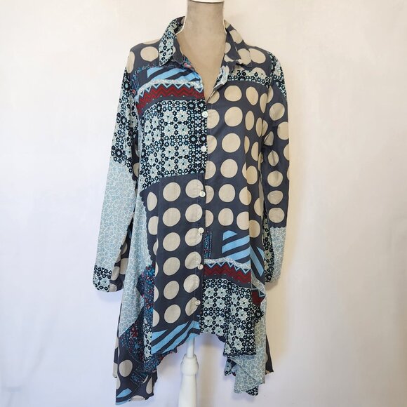 Tulip Women's Oversized Small Multi-Color Patchwork Asymmetric Button Tunic Top - Picture 15 of 15